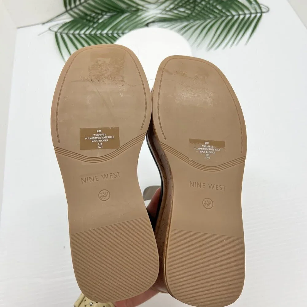 Nine West Rapps Platform Wedge Sandals Size 9.5 Black Tan Square Open Toe